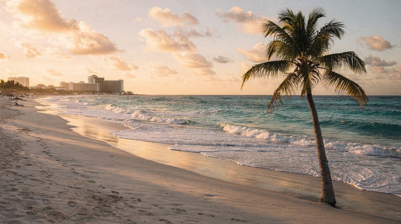 Turquoise Caribbean sea and white-sand beach in Cancún, Mexico